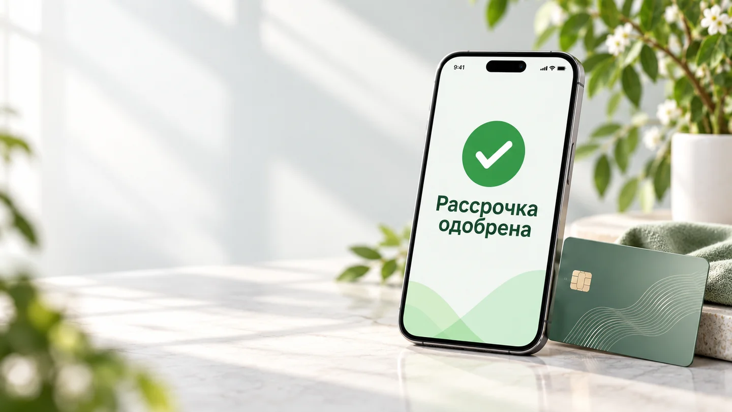 Телефон с сообщением о рассрочке и банковская карта